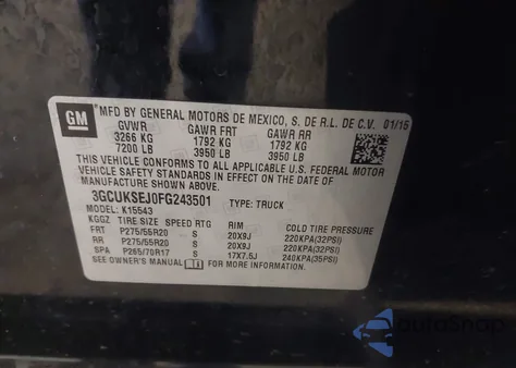 2015 Chevrolet Silverado 1500 1Lz z USA, uszkodzony, nr VIN 3GCUKSEJ0FG243501